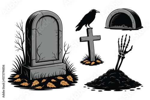 Halloween Gravestones Tombstones, Cross, Raven, Crypt Entrance, and a Skeleton Hand Rising from Ground