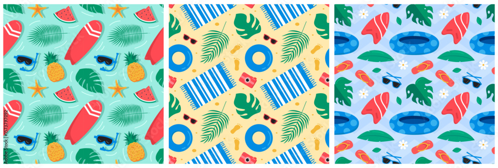 Naklejka premium Tropical Summer Seamless Pattern with Beach Elements in a Flat Cartoon Style Illustration