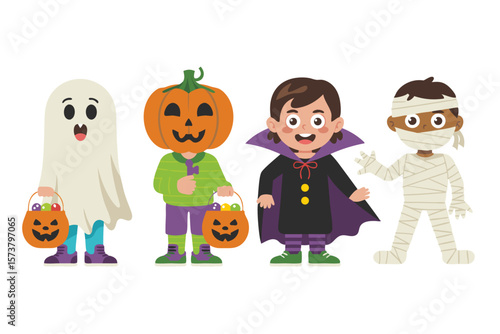 Halloween Kids Costumes Ghost, Pumpkin, Vampire, and Mummy TrickorTreating with Candy Buckets