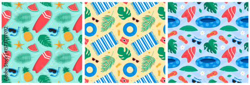 Tropical Summer Seamless Pattern with Beach Elements in a Flat Cartoon Style Illustration