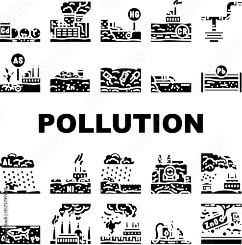 heavy metal pollution icons set vector