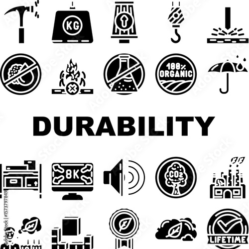 strength durability product icons set vector