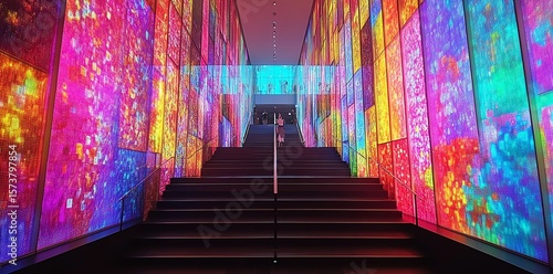 Colorful Digital Art Installation with Bright Led Panels on Walls and Stairs in Modern Indoor Space