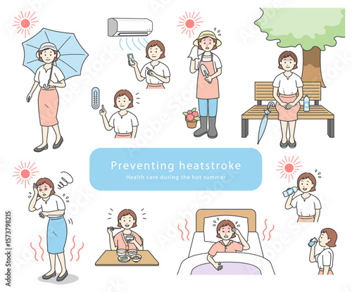 熱中症対策をする若い女性のシンプルな線画イラストセット