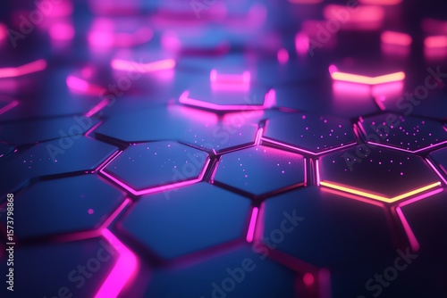 Abstract Neon Hexagon Pattern with Pink and Blue Glowing Lights for Technology or Digital Design