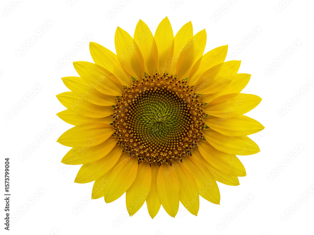 Fototapeta premium Bright yellow sunflower petals and seed head isolated on transparent background