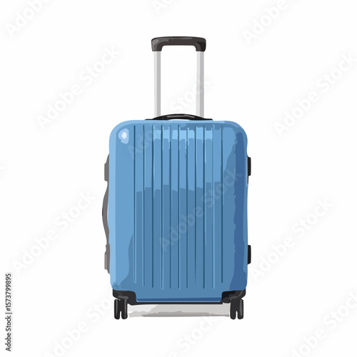 3D Blue wheeled suitcase for travel. Cabin luggage. Plastic bag for flight. Journey concept. Time to tourism and vacation.