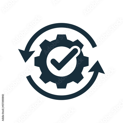 Gear with checkmark and circular arrows representing process completion and workflow