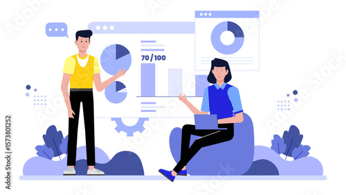 Startup founders analyzing product-market fit flat vector illustration