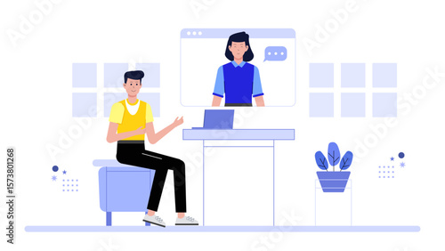 Remote employees in virtual company town hall flat vector illustration