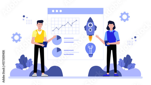 Startup team brainstorming pitch deck ideas flat vector illustration