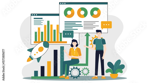 Startup founders analyzing product-market fit flat vector illustration