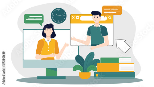 HR manager hosting orientation webinar for new hires flat vector illustration