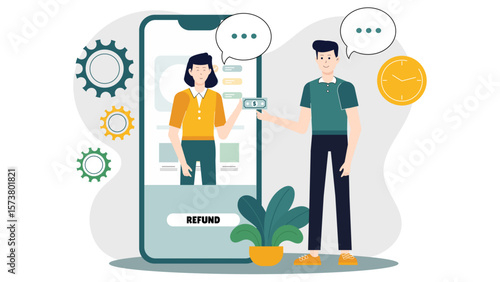 E-commerce seller processing app refunds flat vector illustration