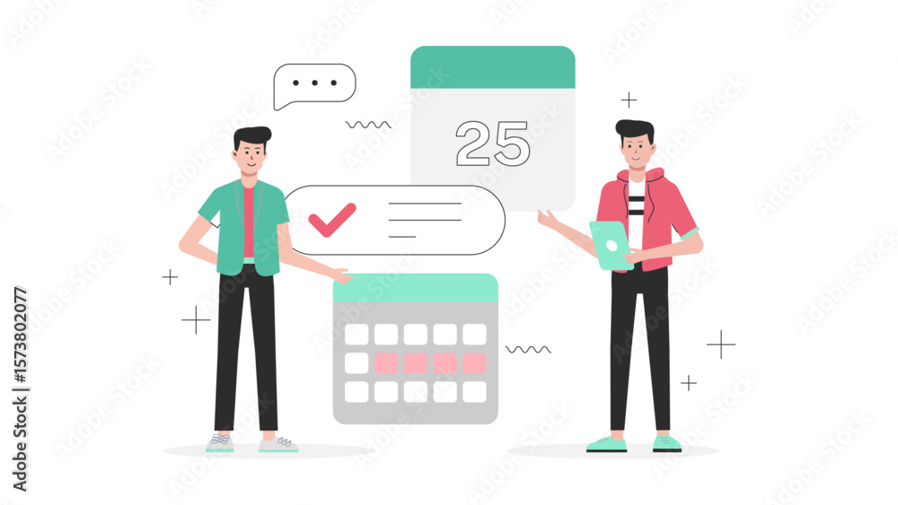 Fototapeta premium Employees submitting weekly remote check-ins flat vector illustration