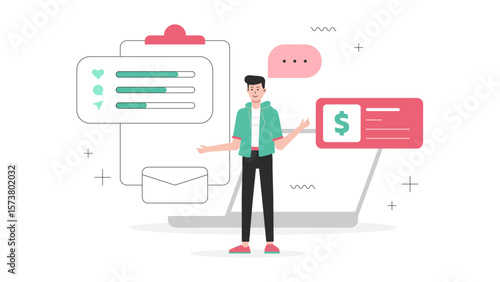 Entrepreneur reviewing dropshipping profit margins flat vector illustration