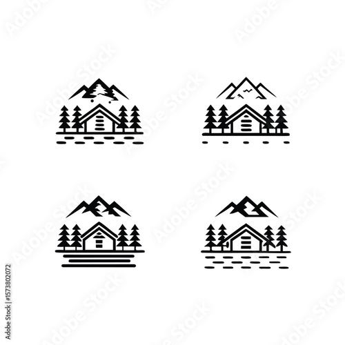 vintage style hand drawn cabin and mountain logo set