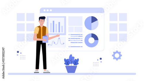 Business analyst preparing competitive market report, flat vector illustration
