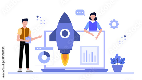 Digital marketing team launching retargeting ads, flat vector illustration