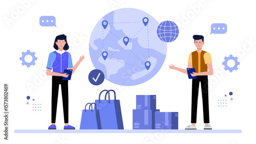 Sales team coordinating multi-country outreach, flat vector illustration