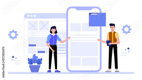 Design team updating icon set for app redesign, flat vector illustration