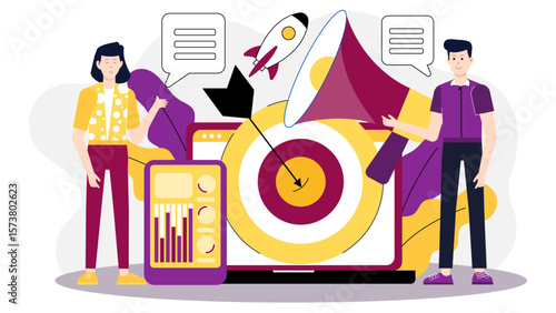 Digital marketing team launching retargeting ads, flat vector illustration