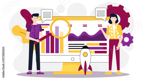 Startup team discussing go-to-market strategy, flat vector illustration