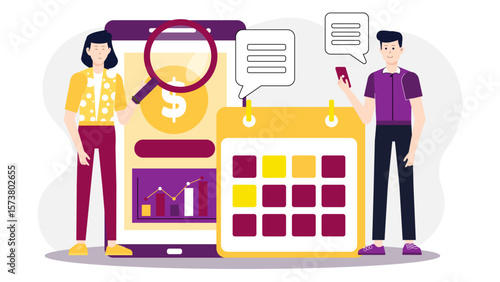 Finance team tracking subscription expenses, flat vector illustration