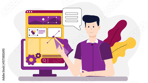 Product designer refining high-fidelity mockups, flat vector illustration