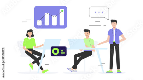 Startup team preparing for investor pitch meeting, flat vector illustration