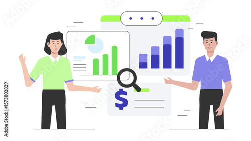 Business analyst preparing competitive market report, flat vector illustration