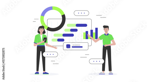 Startup team discussing go-to-market strategy, flat vector illustration