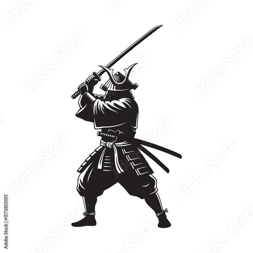 Silhouette of a samurai holding his sword on a white background