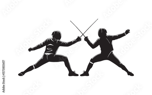 Silhouette of a fencing athlete competing against a white background
