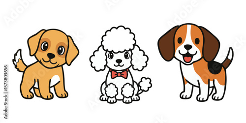 Adorable Cartoon Puppies: Golden Retriever, Poodle, and Beagle. Puppies Cartoon Illustrations in Different Poses Expression