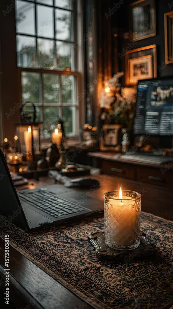 Cozy workspace with a candle, laptop, and warm lighting, perfect for creativity and relaxation. Cozy workspace with a candle, laptop, and warm lighting, perfect for creativity and relaxation.