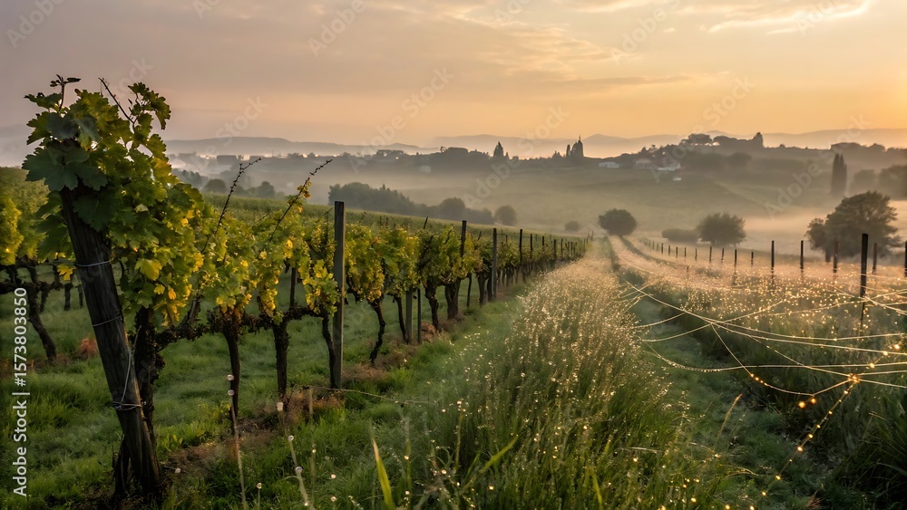Fototapeta premium Serene Sunrise over Misty Vineyard Rows in Tuscany
