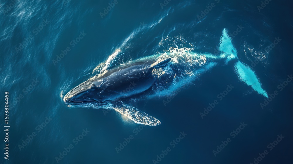 Fototapeta premium Humpback whale ocean swimming aerial view, sunlight, travel