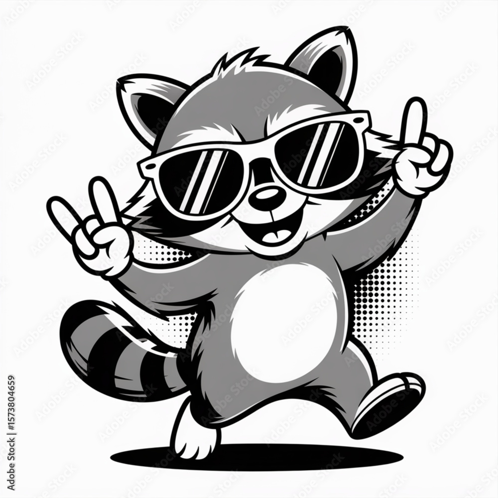 Fototapeta premium Cool Cartoon Raccoon with Sunglasses Making Rock Hand Sign — Bold Vector on White