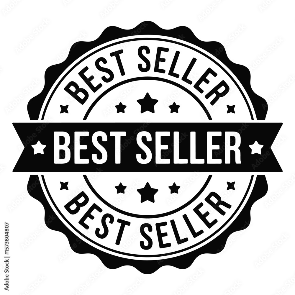 Fototapeta premium Black and white best seller badge with stars and ribbon