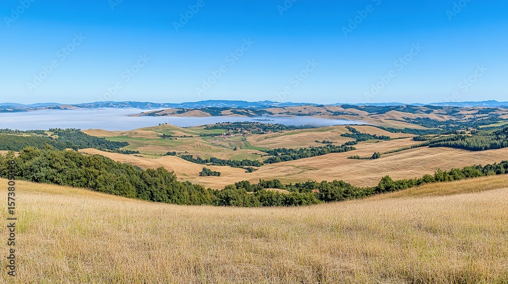 Naklejka premium Expansive vista of rolling hills and valleys under a clear sky.