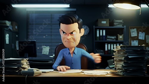 Animated man in an office overwhelmed with paperwork, expression of anguish