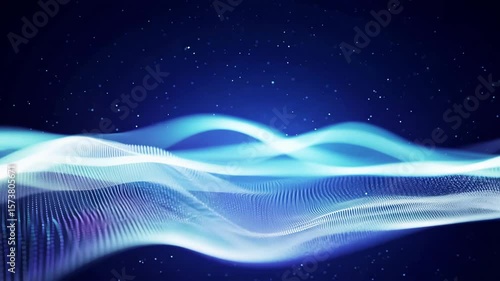 Abstract Blue Particles Floating on Dynamic Digital Waveform Background