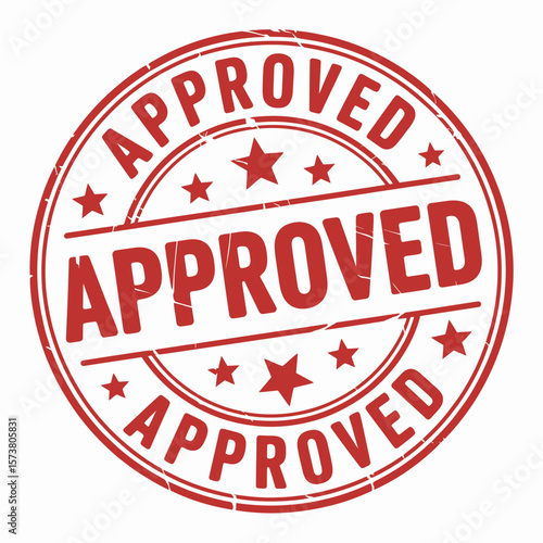 Red circular stamp with the word approved repeated and stars