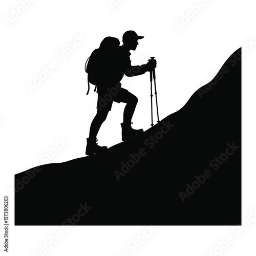Man with backpack and trekking poles climbing mountain silhouette