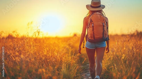 Woman hiking through a golden field at sunset.