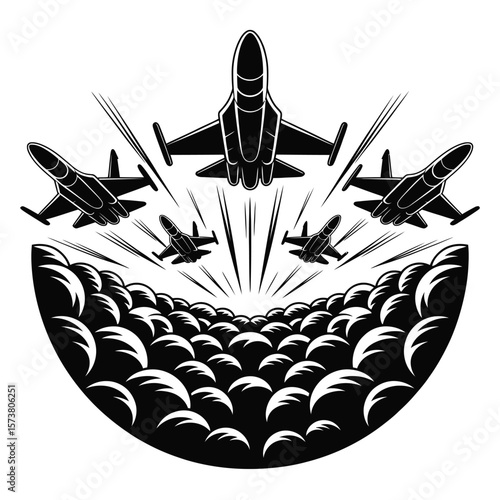 Five fighter jets flying in formation above clouds with sunburst effect