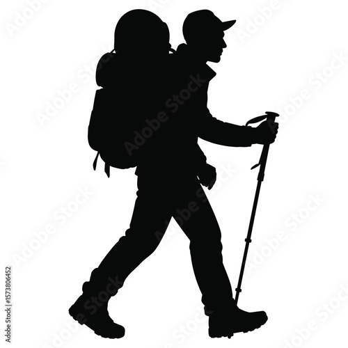 Man hiker with backpack and trekking pole walking silhouette
