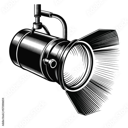Black and white illustration of a vintage stage spotlight emitting light beams