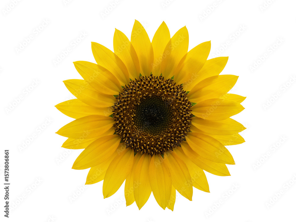 Fototapeta premium Bright yellow sunflower with detailed center petals and seeds isolated on transparent background
